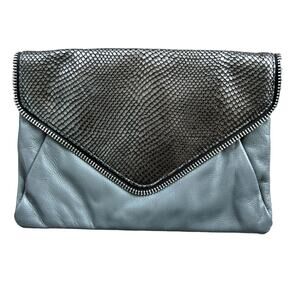 Halogen Envelope Clutch Purse Gray Leather‎ Zipper Trim Edgy Retro Glam Designer